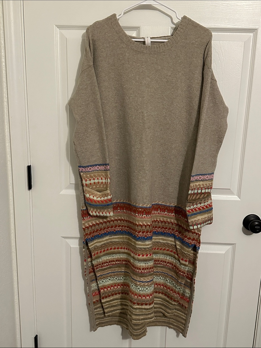 Daily Ritual Beige Crewneck Sweater Dress with Multicolor Patterned Hem